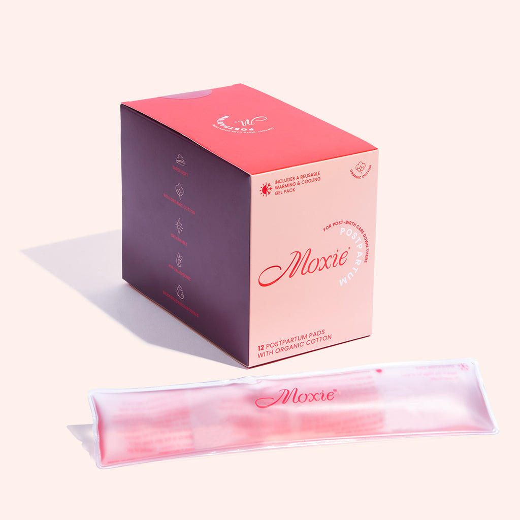 Moxie Postpartum pads with a reusable cooling gel pack